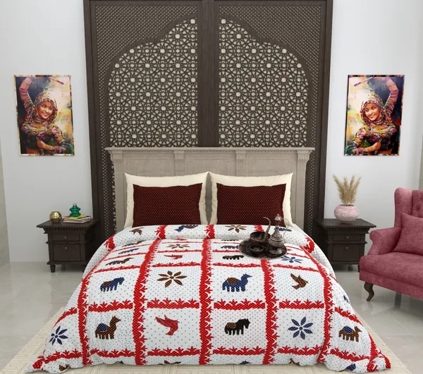 Gujri_Patch_Red_Cotton_Premium_&_Elegant_Animal_King_Size_Bedsheet_(90"X108")__With_2_Pillow_Covers_(_17"_X_27"_)_By_Sabhinjo