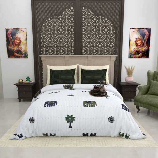 Gujri_Patch_Green_&_White_Cotton_Premium_&_Elegant_Animal_King_Size_Bedsheet_(90"X108")__With_2_Pillow_Covers_(_17"_X_27"_)_By_Sabhinjo