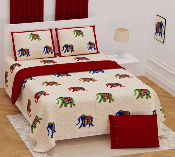 Hand_Work_RED_Cotton_Premium_&_Elegant_Animal_King_Size_Bedsheet_(90"X108")_With_2_Pillow_Covers_(_17"_X_27"_)_By_Sabhinjo