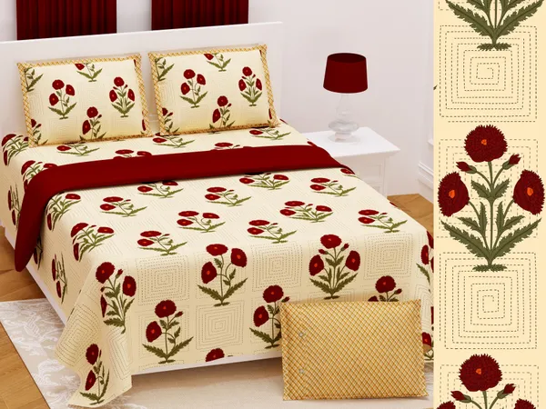 Hand_Work_Red_Cotton_Premium_&_Elegant_Floral_King_Size_Bedsheet_(90"X108")__With_2_Pillow_Covers_(_17"_X_27"_)_By_Sabhinjo