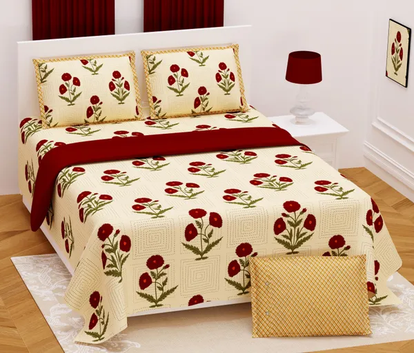 Hand_Work_Red_Cotton_Premium_&_Elegant_Floral_King_Size_Bedsheet_(90"X108")__With_2_Pillow_Covers_(_17"_X_27"_)_By_Sabhinjo