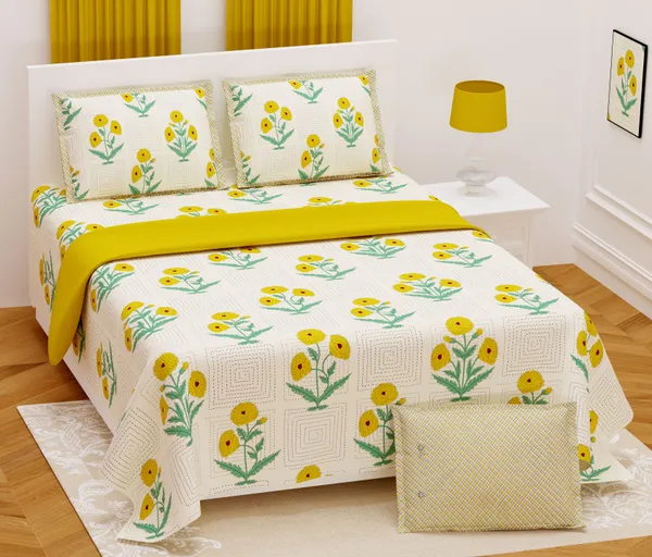 Hand_Work_Yellow_Cotton_Premium_&_Elegant_Floral_King_Size_Bedsheet_(90"X108")__With_2_Pillow_Covers_(_17"_X_27"_)_By_Sabhinjo