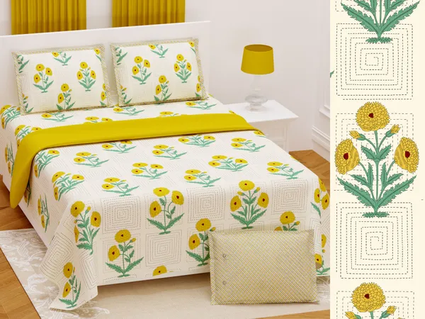 Hand_Work_Yellow_Cotton_Premium_&_Elegant_Floral_King_Size_Bedsheet_(90"X108")__With_2_Pillow_Covers_(_17"_X_27"_)_By_Sabhinjo