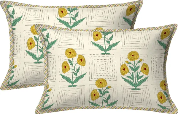 Hand_Work_Yellow_Cotton_Premium_&_Elegant_Floral_King_Size_Bedsheet_(90"X108")__With_2_Pillow_Covers_(_17"_X_27"_)_By_Sabhinjo