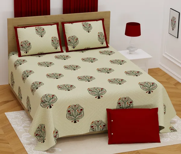 Hand_Work_Red_Cotton_Premium_&_Elegant_Floral_King_Size_Bedsheet_(90"X108")__With_2_Pillow_Covers_(_17"_X_27"_)_By_Sabhinjo