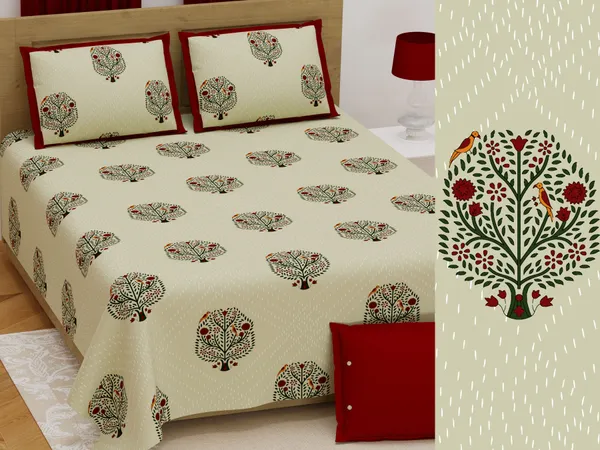 Hand_Work_Red_Cotton_Premium_&_Elegant_Floral_King_Size_Bedsheet_(90"X108")__With_2_Pillow_Covers_(_17"_X_27"_)_By_Sabhinjo