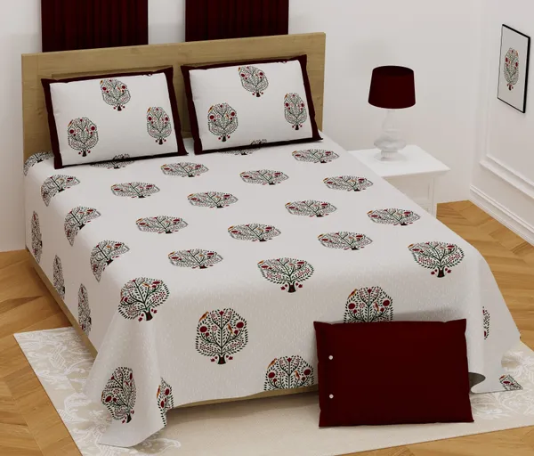 Hand_Work_Maroon__Cotton_Premium_&_Elegant_Floral_King_Size_Bedsheet_(90"X108")__With_2_Pillow_Covers_(_17"_X_27"_)_By_Sabhinjo