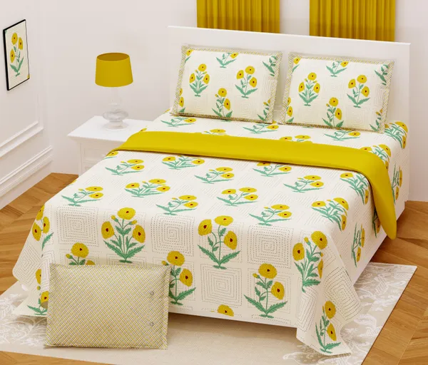 Hand_Work_Yellow_Cotton_Premium_&_Elegant_Floral_King_Size_Bedsheet_(90"X108")__With_2_Pillow_Covers_(_17"_X_27"_)_By_Sabhinjo