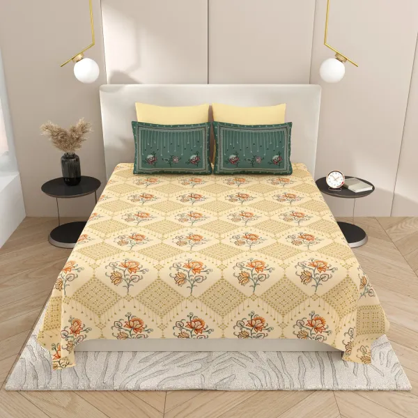 Kashida_Beige_&_Green_Cotton_Premium_&_Elegant_Floral_King_Size_Bedsheet_(90"X108")__With_2_Pillow_Covers_(_17"_X_27"_)_By_Sabhinjo