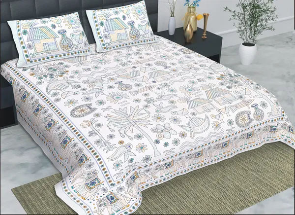 Kathakashida_green_elegant_thread_print_double_king_size_bedsheet_(90"X108")_with_2_pillow_covers_(17"X27")_By_Sabhinjo