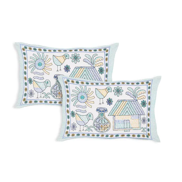 Kathakashida_green_elegant_thread_print_double_king_size_bedsheet_(90"X108")_with_2_pillow_covers_(17"X27")_By_Sabhinjo