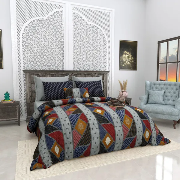 Bagru_Gold_Blue_Cotton_Premium_&_Elegant_Checkered_King_Size_Bedsheet_(90"X108")__With_2_Pillow_Covers_(_17"_X_27"_)_By_Sabhinjo