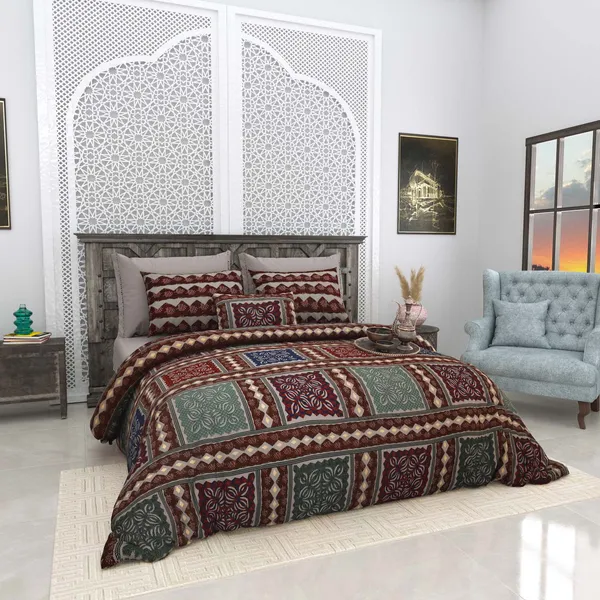 Bagru_Gold_Brown_Cotton_Premium_&_Elegant_Checkered_King_Size_Bedsheet_(90"X108")_With_2_Pillow_Covers_(_17"_X_27"_)_By_Sabhinjo