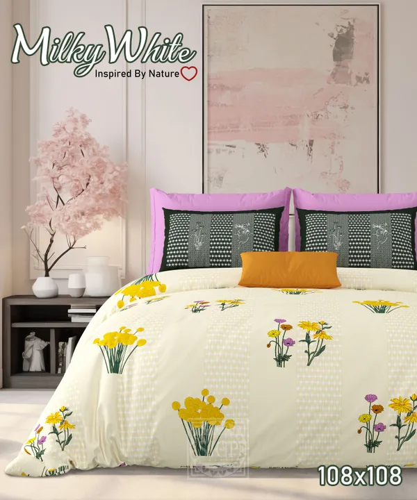 Milky_White_Yellow_&_Black_Cotton_Premium_&_Elegant_Printed_King_Size_Bedsheet_(90"X108")__With_2_Pillow_Covers_(_17"X_27"_)_By_Sabhinjo