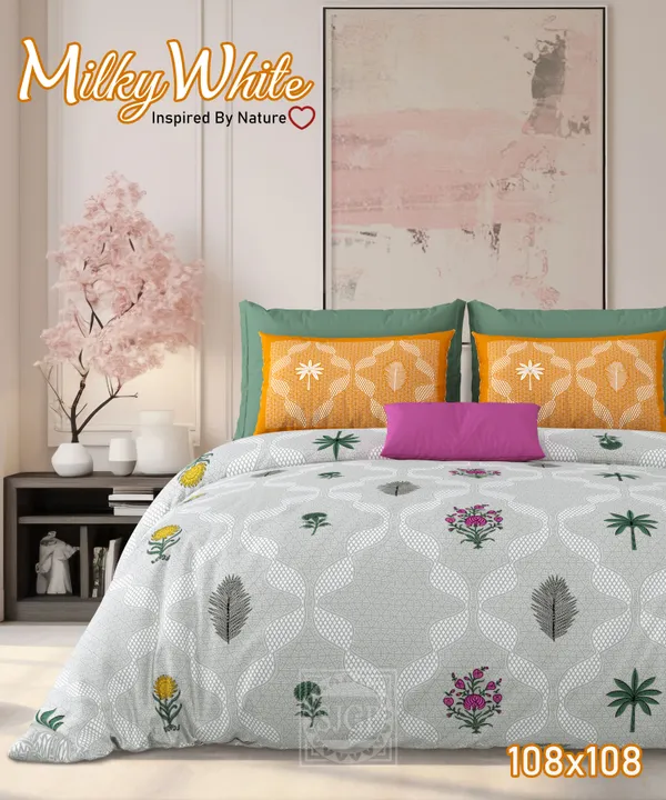 Milky_White_Grey_&_Yellow_Cotton_Premium_&_Elegant_Printed_King_Size_Bedsheet_(90"X108")__With_2_Pillow_Covers_(_17"_X_27"_)_By_Sabhinjo