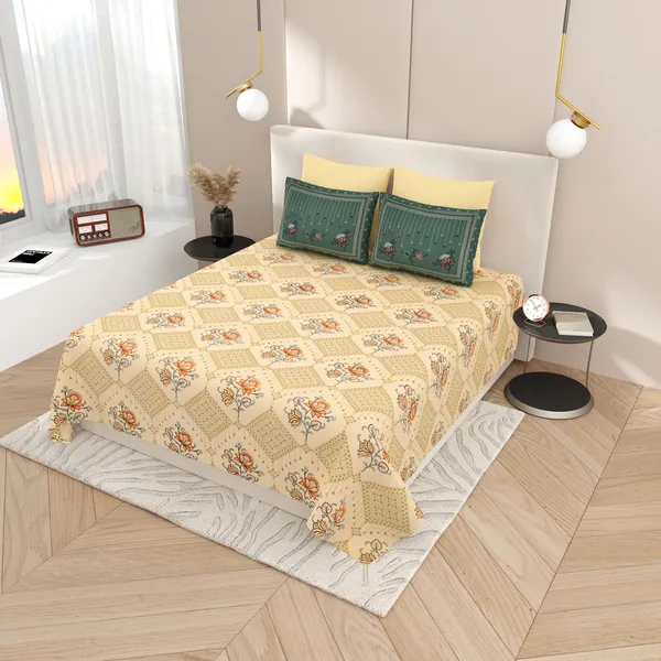 Kashida_Beige_&_Green_Cotton_Premium_&_Elegant_Floral_King_Size_Bedsheet_(90"X108")__With_2_Pillow_Covers_(_17"_X_27"_)_By_Sabhinjo