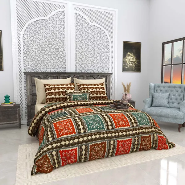 Bagru_Gold_Orange_Cotton_Premium_&_Elegant_Checkered_King_Size_Bedsheet_(90"X108")__With_2_Pillow_Covers_(_17"_X_27"_)_By_Sabhinjo
