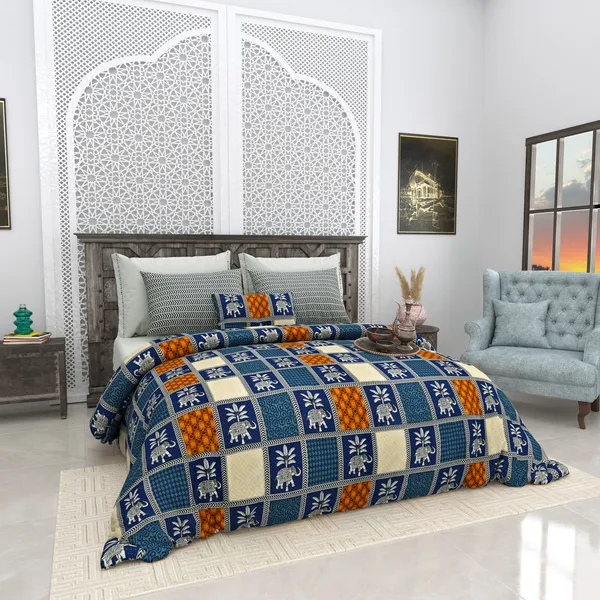 Bagru_Gold_Blue_Cotton_Premium_&_Elegant_Animal_King_Size_Bedsheet_(90"X108")__With_2_Pillow_Covers_(_17"_X_27"_)_By_Sabhinjo