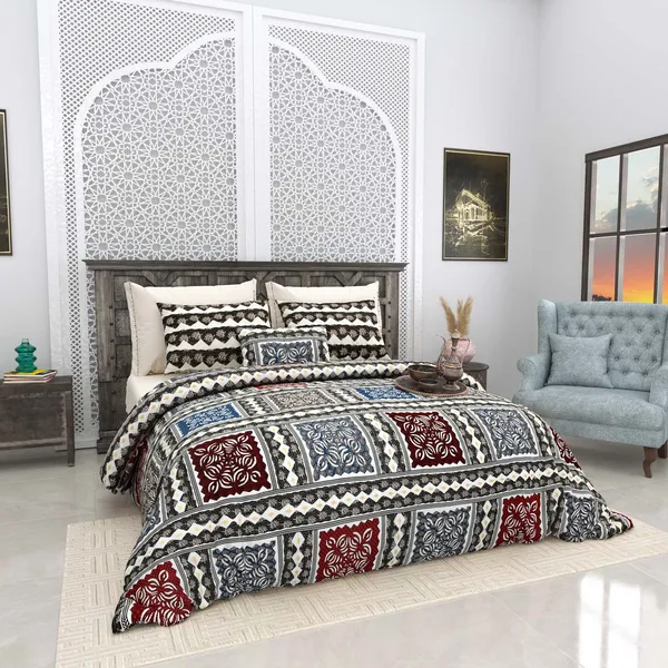 Bagru_Gold_Blue_Cotton_Premium_&_Elegant_Checkered_King_Size_Bedsheet_(90"X108")__With_2_Pillow_Covers_(_17"_X_27"_)_By_Sabhinjo