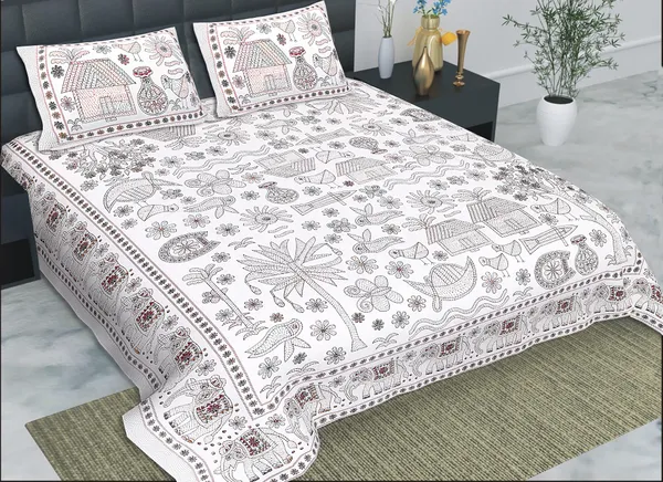 Kathakashida_Brown_elegant_thread_print_double_king_size_bedsheet_(90"X108")_with_2_pillow_covers_(17"X27")_By_Sabhinjo