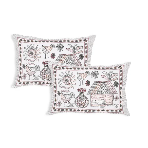 Kathakashida_Brown_elegant_thread_print_double_king_size_bedsheet_(90"X108")_with_2_pillow_covers_(17"X27")_By_Sabhinjo