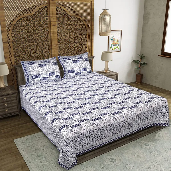 Warli_Blue_elegant_thread_print_double_king_size_bedsheet_(90"X108")_with_2_pillow_covers_(17"X27")_By_Sabhinjo
