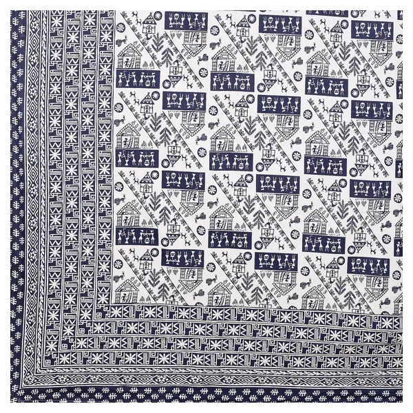 Warli_Blue_elegant_thread_print_double_king_size_bedsheet_(90"X108")_with_2_pillow_covers_(17"X27")_By_Sabhinjo