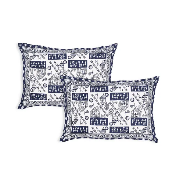 Warli_Blue_elegant_thread_print_double_king_size_bedsheet_(90"X108")_with_2_pillow_covers_(17"X27")_By_Sabhinjo