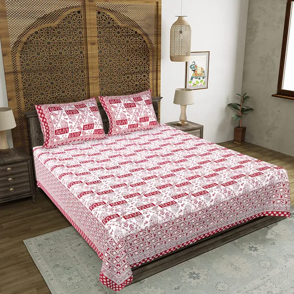 Warli_Maroon_elegant_thread_print_double_king_size_bedsheet_(90"X108")_with_2_pillow_covers_(17"X27")_By_Sabhinjo