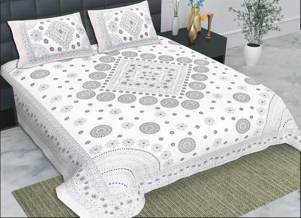 Kathakashida_Blue_elegant_thread_print_double_king_size_bedsheet_(90"X108")_with_2_pillow_covers_(17"X27")_By_Sabhinjo