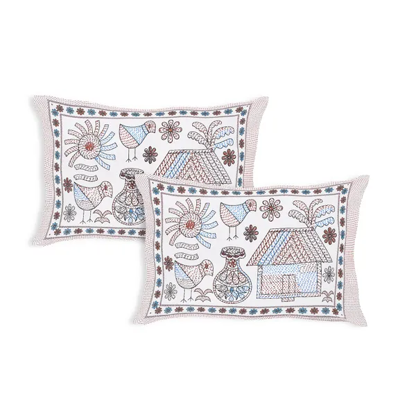 Kathakashida_Blue_elegant_thread_print_double_king_size_bedsheet_(90"X108")_with_2_pillow_covers_(17"X27")