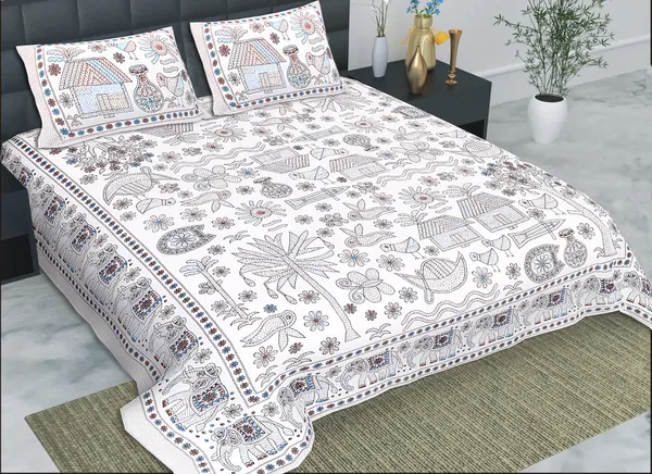 Kathakashida_Blue_elegant_thread_print_double_king_size_bedsheet_(90"X108")_with_2_pillow_covers_(17"X27")