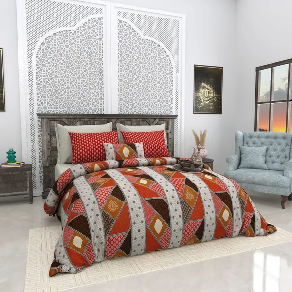 Bagru_Gold_Red_Cotton_Premium_&_Elegant_Checkered_King_Size_Bedsheet_(90"X108")__With_2_Pillow_Covers_(_17"_X_27"_)_By_Sabhinjo
