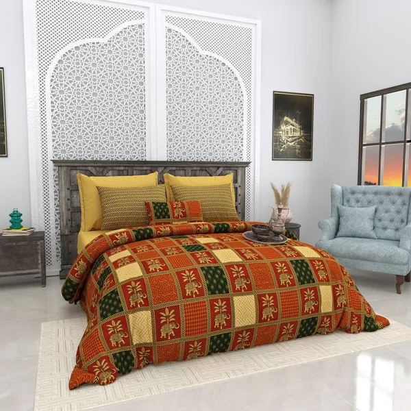 Bagru_Gold_Orange_Cotton_Premium_&_Elegant_Animal_King_Size_Bedsheet_(90"X108")__With_2_Pillow_Covers_(_17"_X_27"_)_By_Sabhinjo