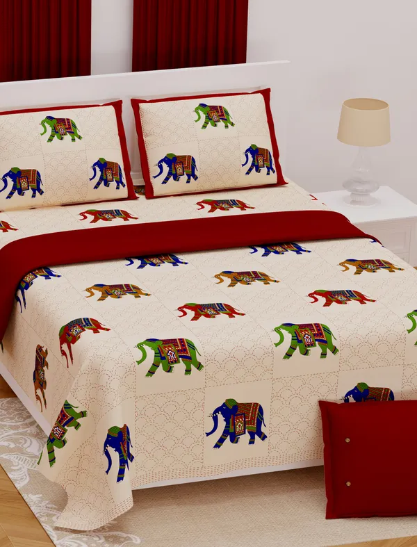 Hand_Work_RED_Cotton_Premium_&_Elegant_Animal_King_Size_Bedsheet_(90"X108")_With_2_Pillow_Covers_(_17"_X_27"_)_By_Sabhinjo