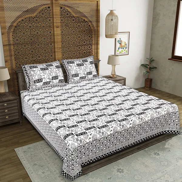 Warli_Black_elegant_thread_print_double_king_size_bedsheet_(90"X108")_with_2_pillow_covers_(17"X27")_By_Sabhinjo