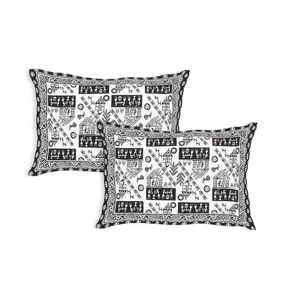 Warli_Black_elegant_thread_print_double_king_size_bedsheet_(90"X108")_with_2_pillow_covers_(17"X27")_By_Sabhinjo