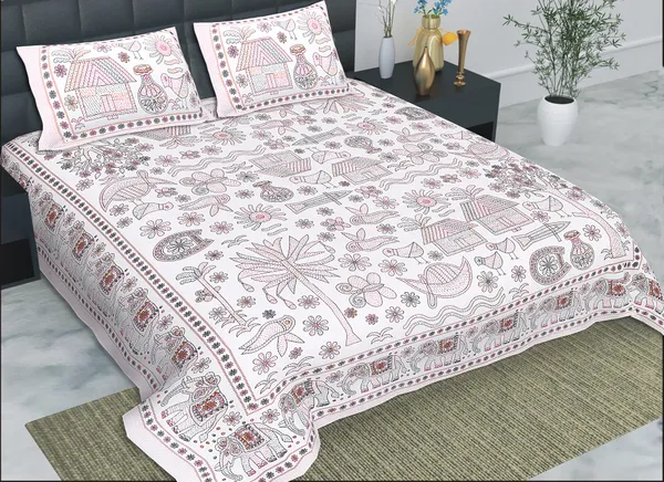 Kathakashida_Pink_elegant_thread_print_double_king_size_bedsheet_(90"X108")_with_2_pillow_covers_(17"X27")_By_Sabhinjo
