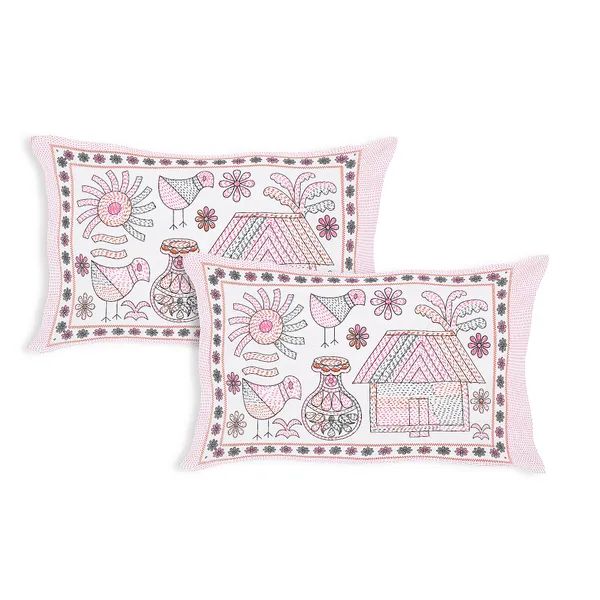 Kathakashida_Pink_elegant_thread_print_double_king_size_bedsheet_(90"X108")_with_2_pillow_covers_(17"X27")_By_Sabhinjo