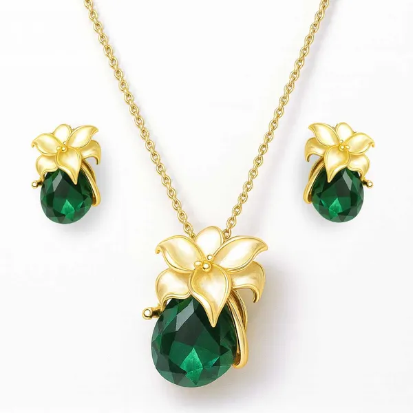 Gold_Emerald_Dewdrop_Pendant_With_Earring_set__For_Women