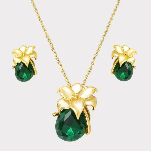 Gold_Emerald_Dewdrop_Pendant_With_Earring_set__For_Women
