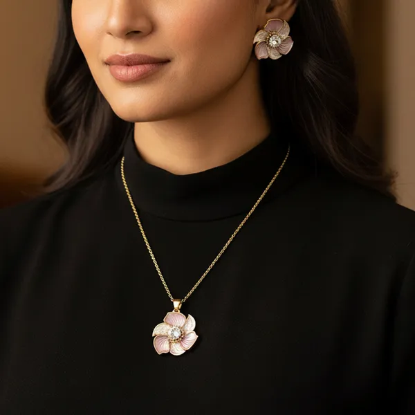 Light_Pink_Dazzle_Petal_Pendant_With_Earring_set__For_Women