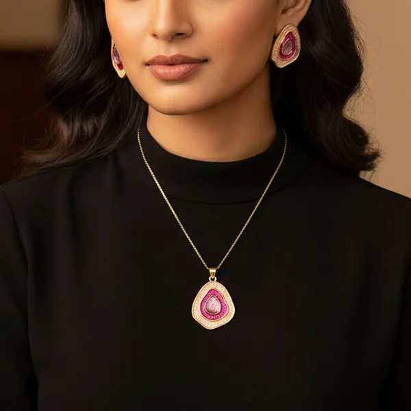 Dark_Pink_Party_Pebble_Pendant_With_Earring_set__For_Women