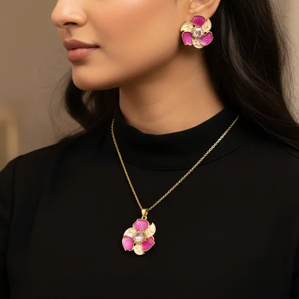 Pink_Dazzle__Petal_Pendant_With_Earring_set__For_Women