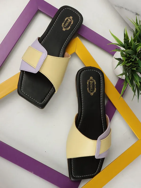 Yellow_And_Black_Synthetic_Leather_Flats_For_Women