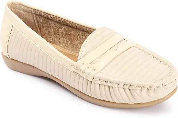 Cream_Synthetic_Leather_Casual_Slip_On_Loafers_For_Women