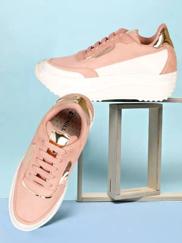 Peach_Suede_Casual_Lace_Up_Sneakers_For_Women