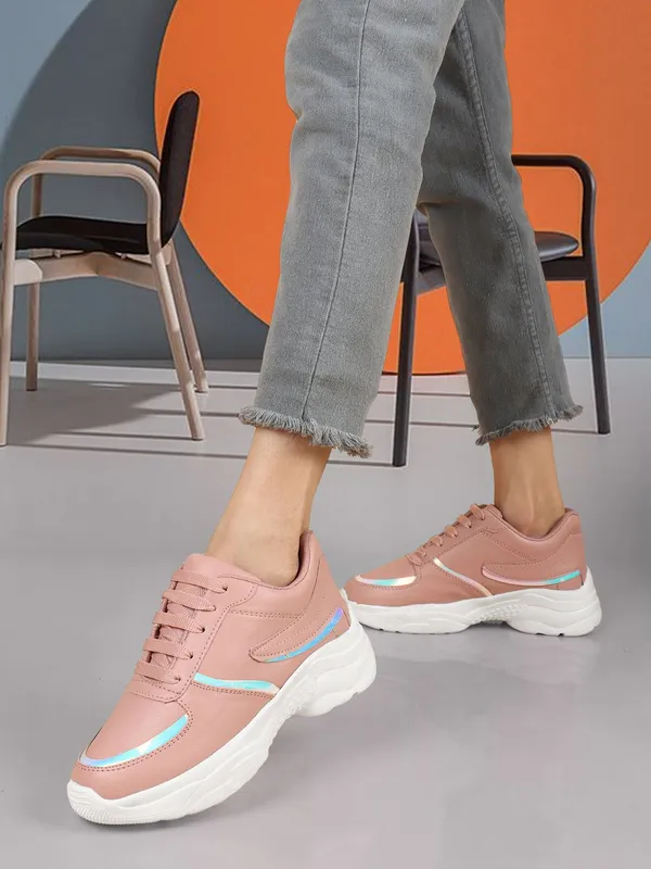Pink_Synthetic_Leather_Sneakers_For_Women