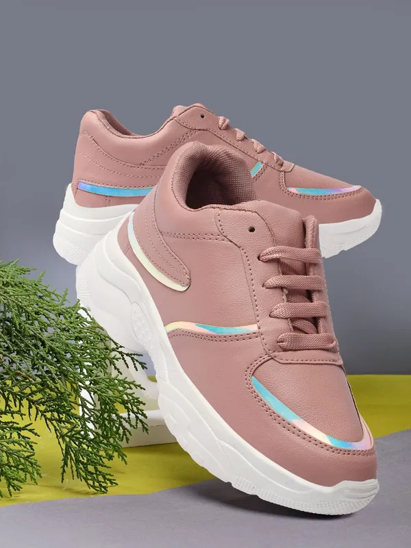 Pink_Synthetic_Leather_Sneakers_For_Women