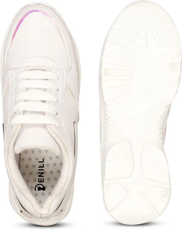 White_Synthetic_Leather_Casual_Lace_Up_Sneakers_For_Women